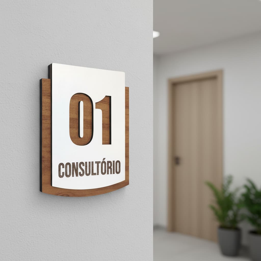 Placa de Sinalização Consultório MDF Alto Relevo 15x13cm Para Porta