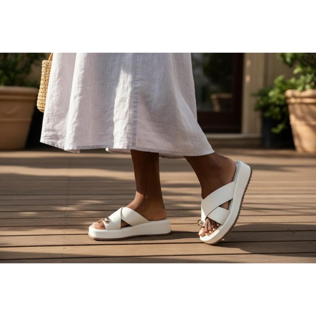 Sandália Plataforma Feminina Off White Tiras Cruzadas em X Detalhe Dourado