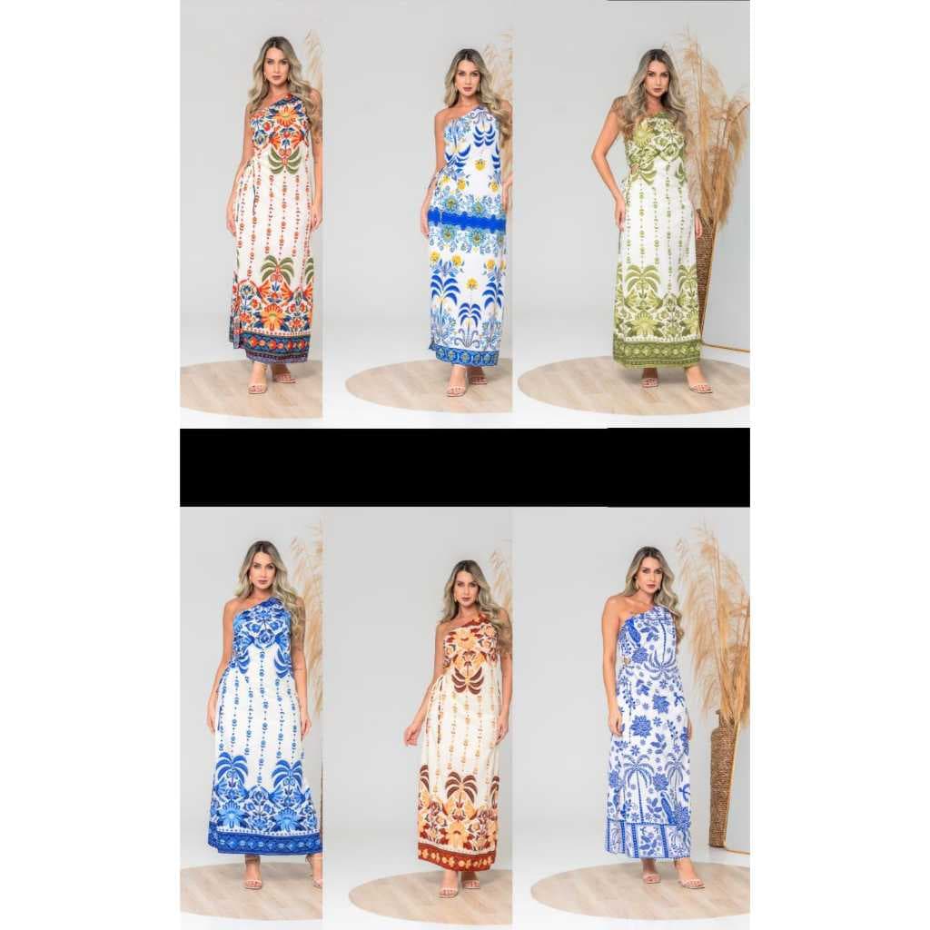 Vestido Longo Estampada Mula Manca Ombro Unico Moda Feminina