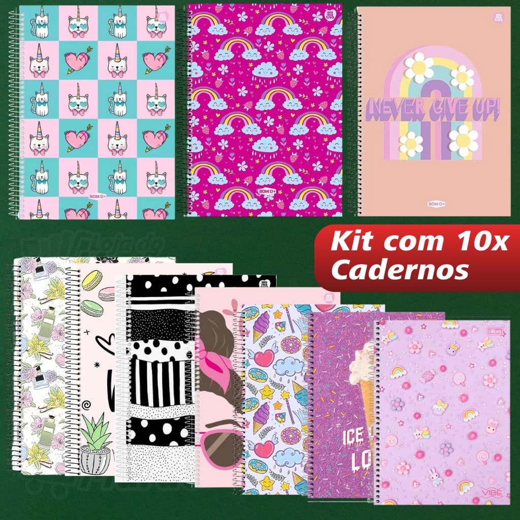 Kit 10 Cadernos Universitário 1 Matéria 80 Folhas Feminino Espiral Capa Dura - Credeal