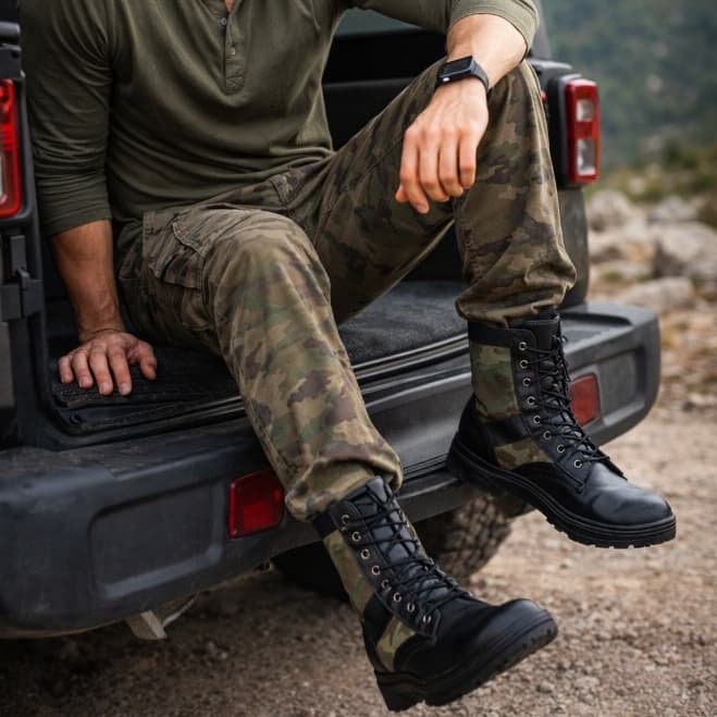 Super Bota Militar Exercito Camuflada Coturno Couro Masculina Cano Alto para Motociclista Estilo Original