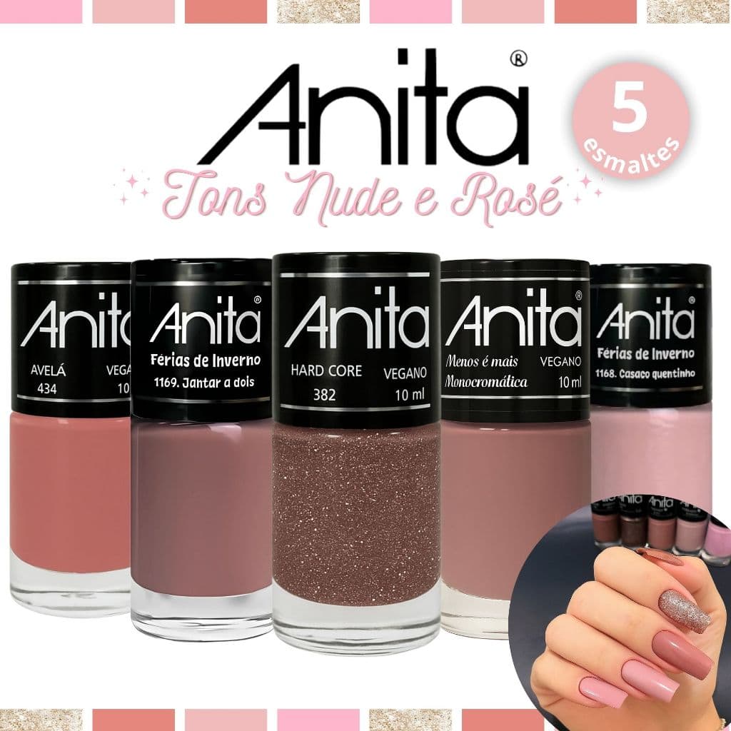 Kit 5 Esmaltes Anita Delicada Tons Nude Rosado Cremoso Glitter Esmalte Atacado