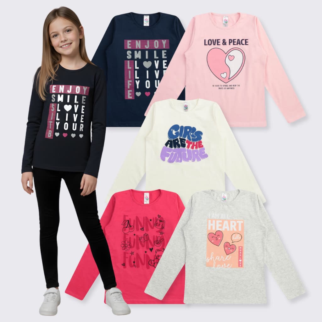 Kit 5 Camisetas Manga Longa Juvenil Menina 10 Ao 16 Feminino