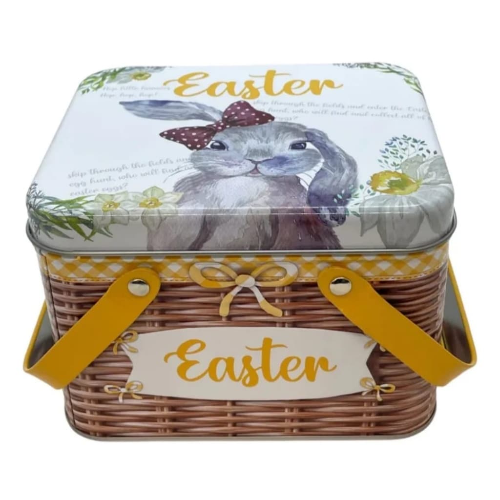 Cesta Caixa de Páscoa Decorativa em Metal com Tampa e Alça – Coelho Easter Vintage