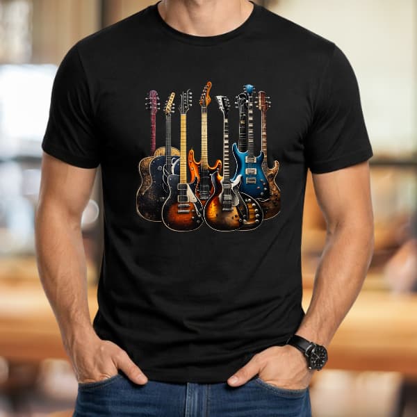 Camiseta Masculina Manga Curta Básica e Confortável Estampa Guitarras