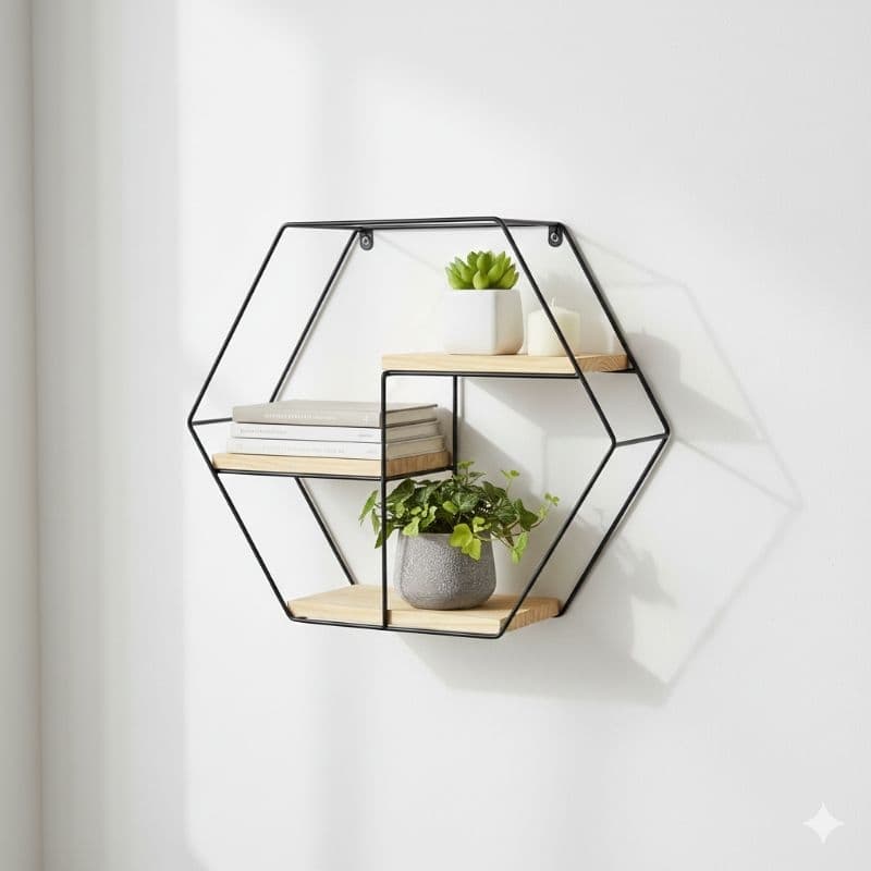 NICHO PRATELEIRA DE MADEIRA E METAL HEXAGONAL PLASTPORTO.