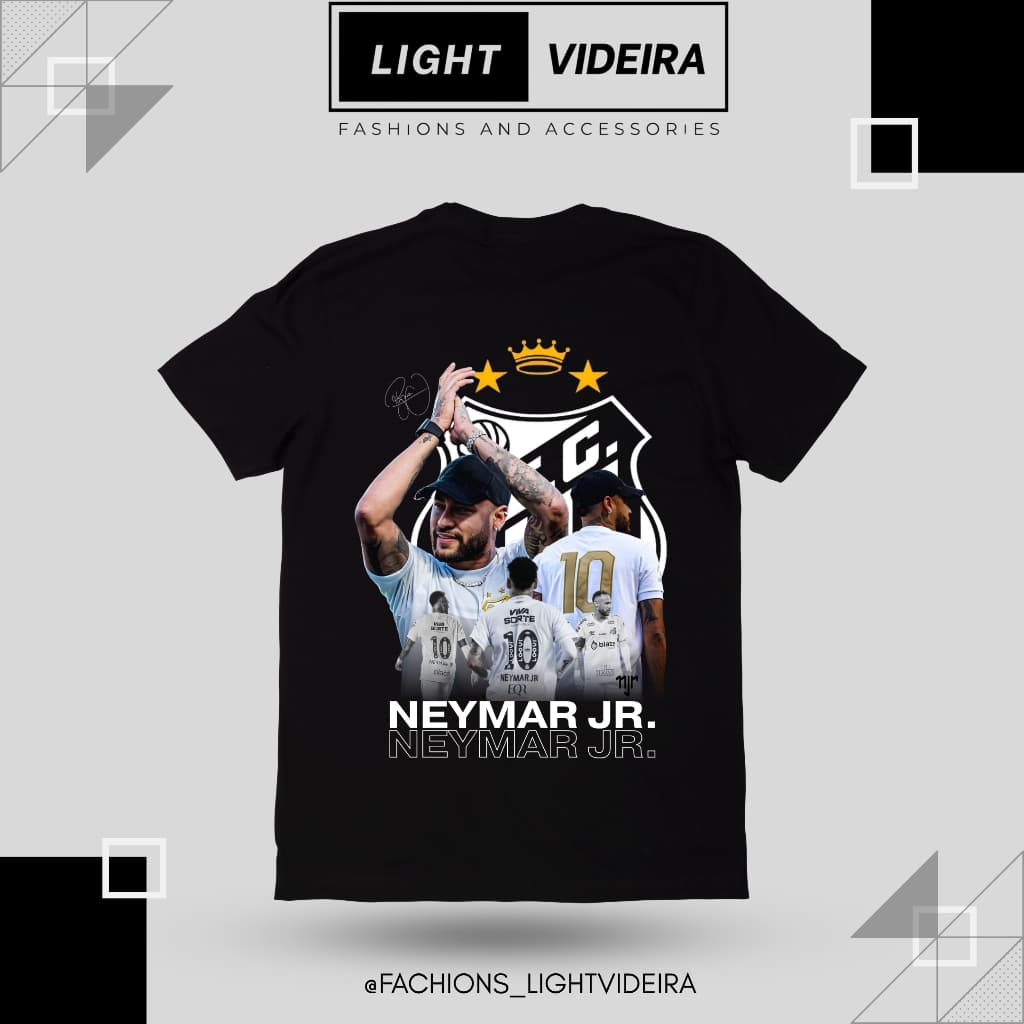 Camiseta Neymar 100% Algodão Premium, Camisa Santos, Cores preto e branco, Estampa exclusiva com DTF de alta qualidade