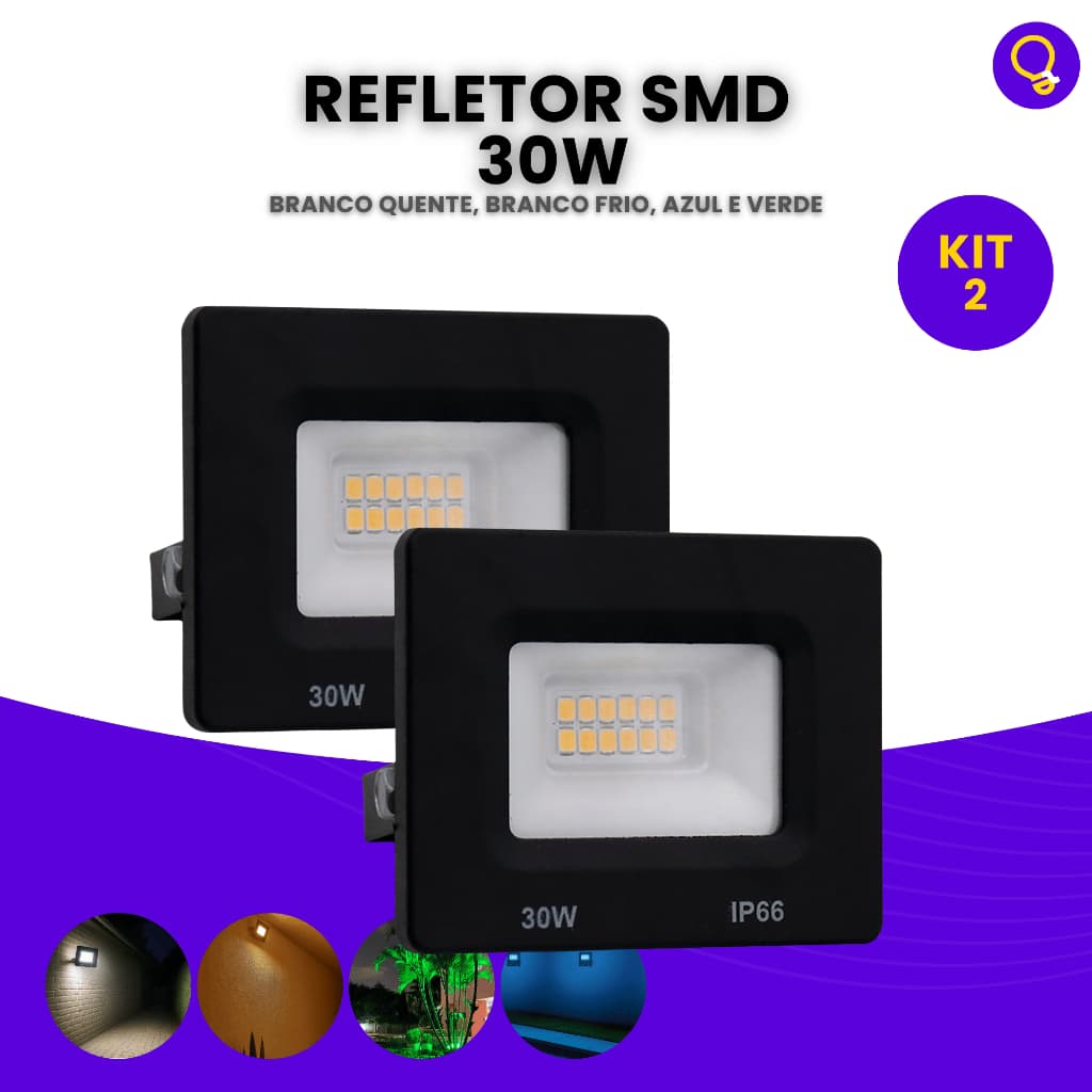 Kit 2 Refletor Led 30w Luz Forte Bivolt Prova D’água Holofote