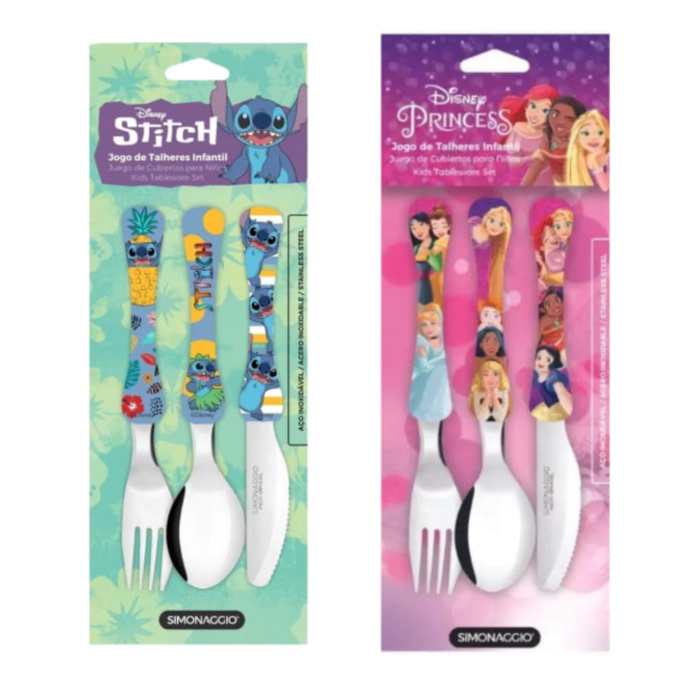 Kit Talheres Infantil Stitch + Princesas 6 Peças