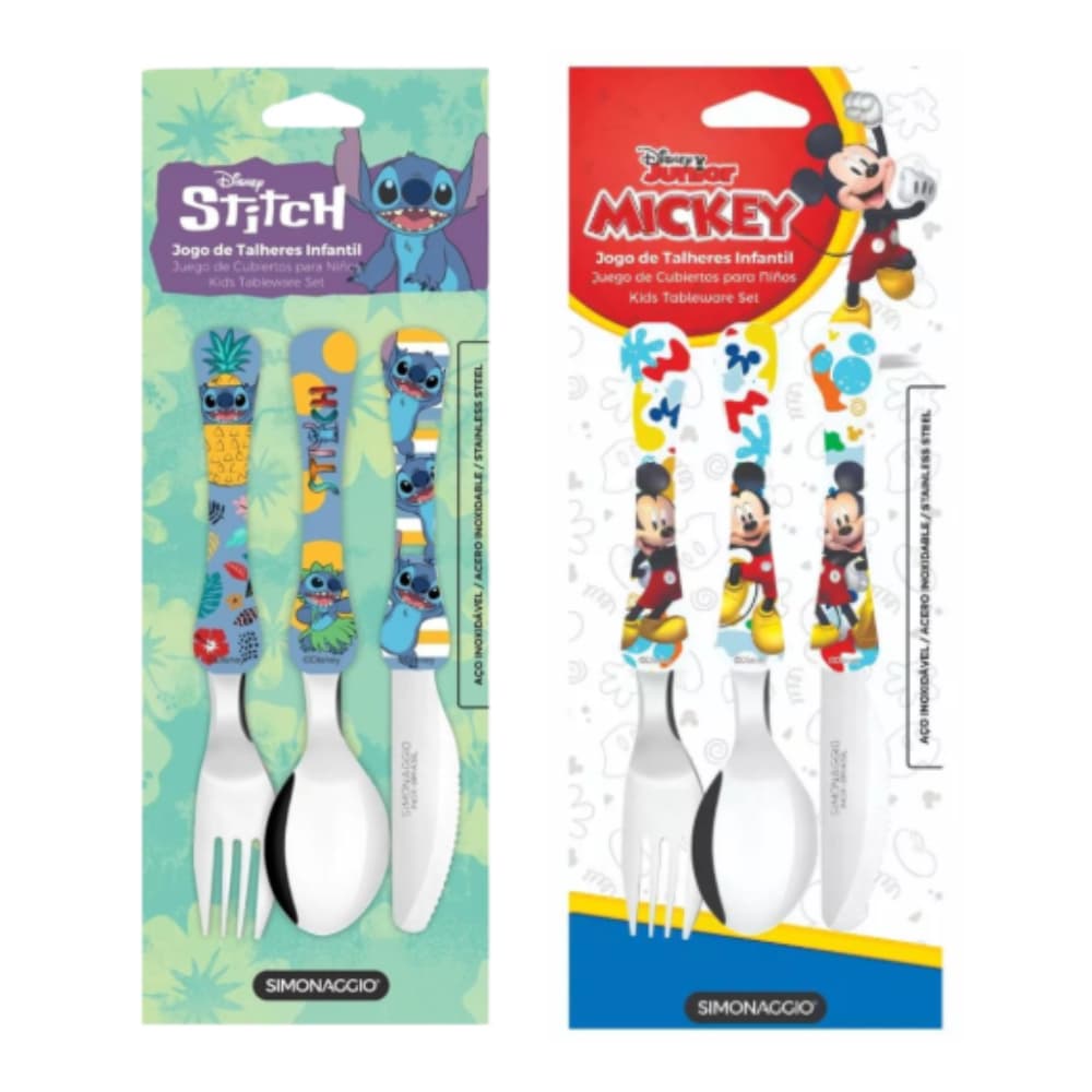 Kit Talheres Infantil Stitch + Mickey 6 Peças