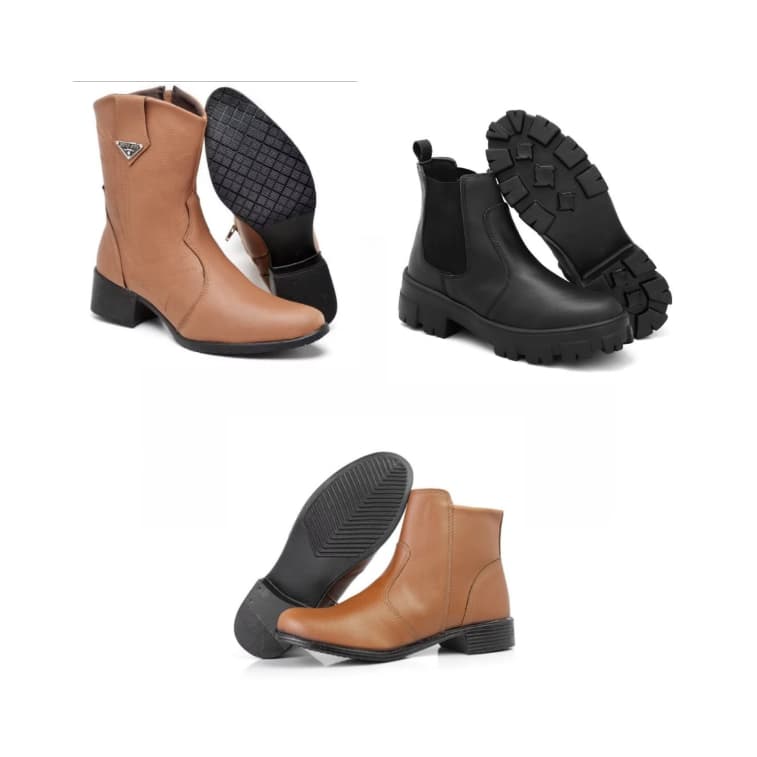 Bota texana feminina marrom+ botinha feminina marrom com zíper lateral+ bota feminina preta de borracha