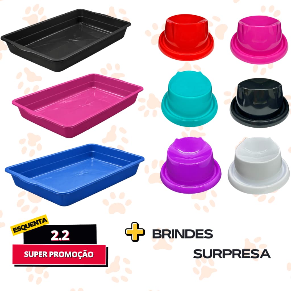Caixa de Areia Pet Banheiro Bandeja e Comedouro Orelha de Gato Ergonômico 150ml Anti Formiga Elevado + Brindes