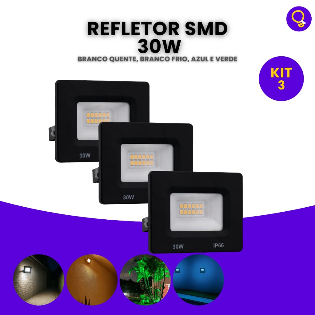 Kit 3 Refletor Led 30w Luz Forte Bivolt Prova D’água Holofote