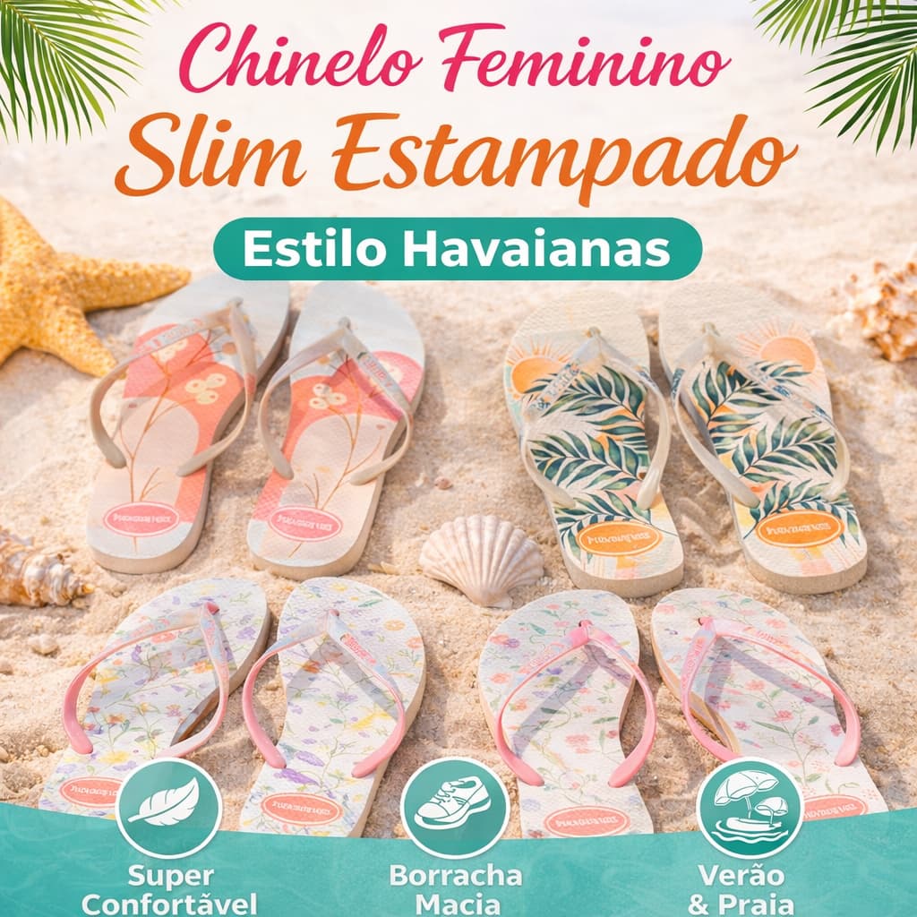 Chinelo Feminino Estampado Slim Estilo Premium Sandália de Borracha Confortável Verão Praia