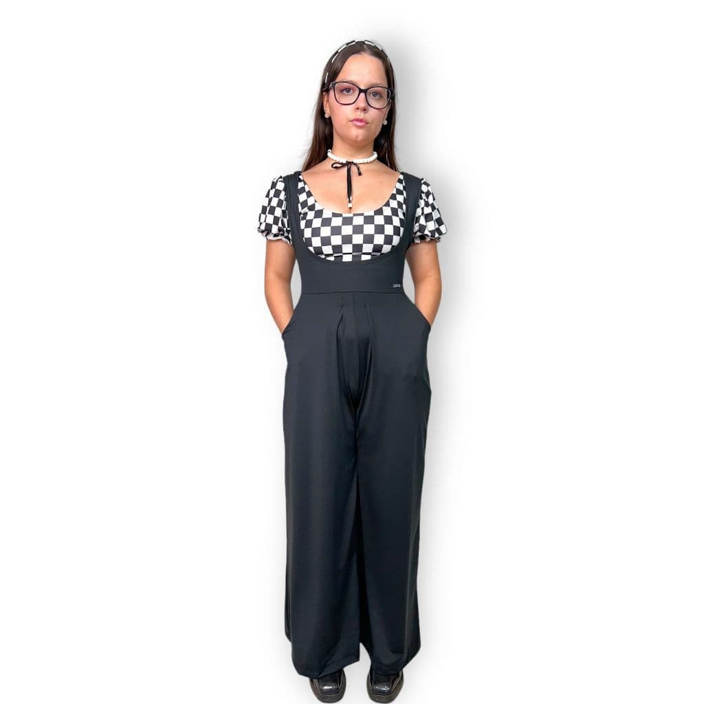 Macacão Preto Feminino Pantalona Com Alça Moda Calça Larga