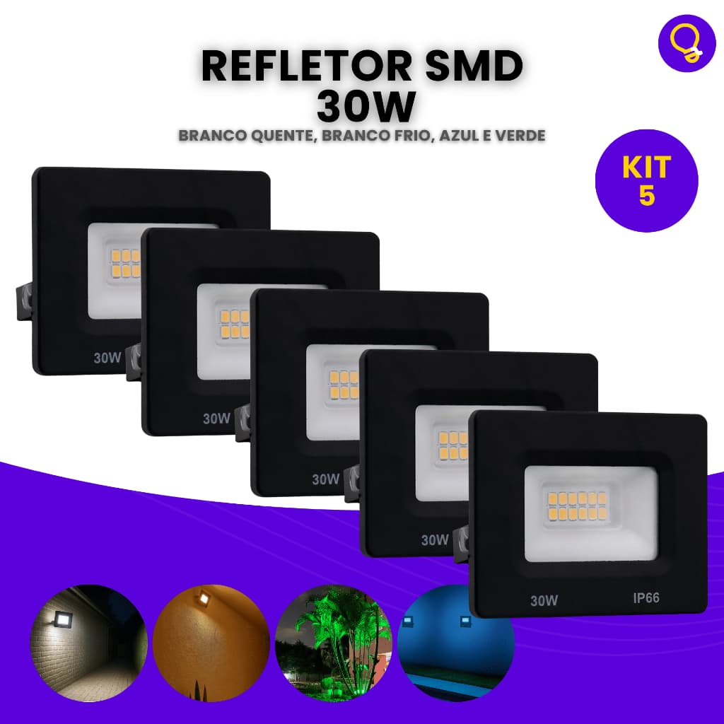 Kit 5 Refletor Led 30w Luz Forte Bivolt Prova D’água Holofote