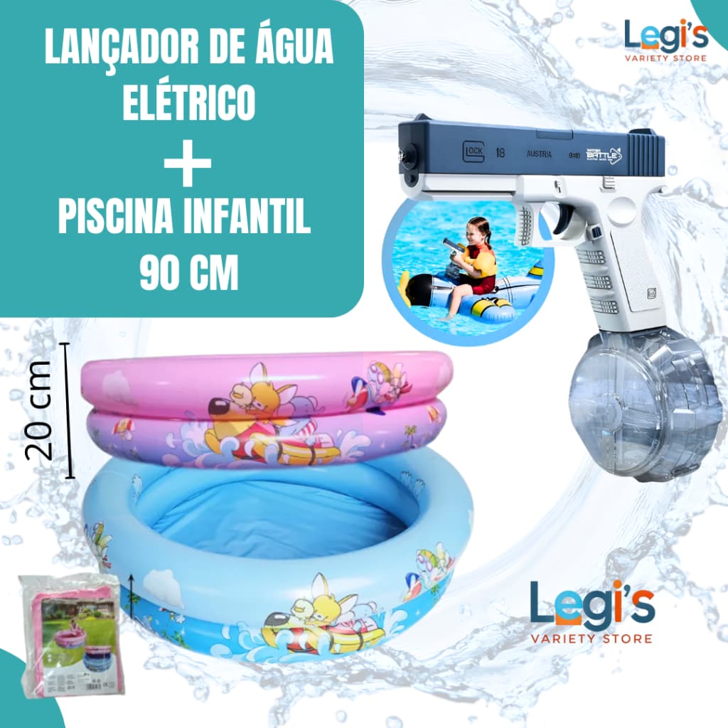 Kit Verão Infantil Brinquedo e Piscina – Piscina para Crianças com Lançador de Água Elétrico