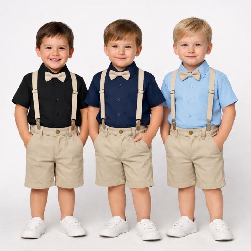 Conjunto Camisa Social Bermuda Suspensório Gravata Menino