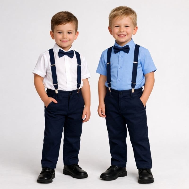Conjunto Infantil Social Camisa Manga Curta Diversas Cores Calça Azul Marinho Suspensório Gravata