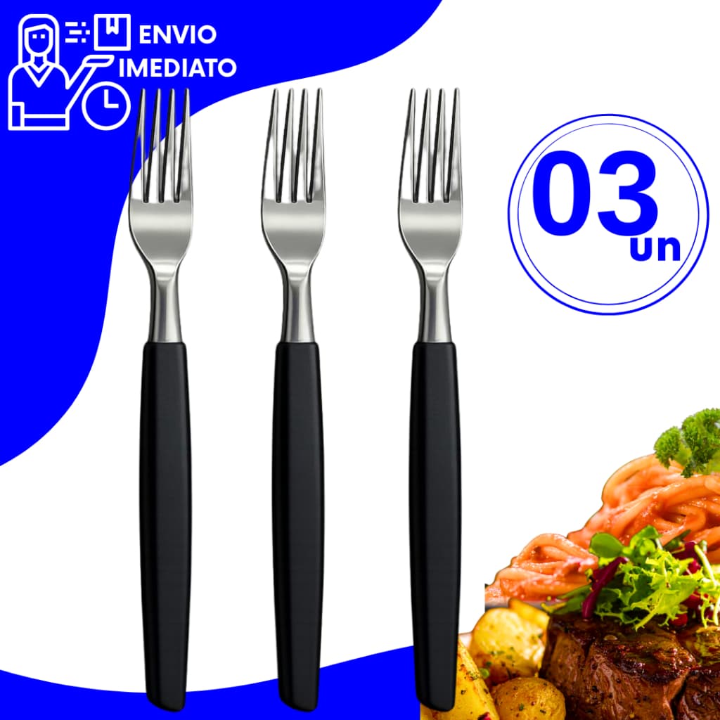 Kit 3 Garfo Aço Inox Cabo Preto Utensílios de Cozinha Uso Residencial Restaurante Hotel Padaria
