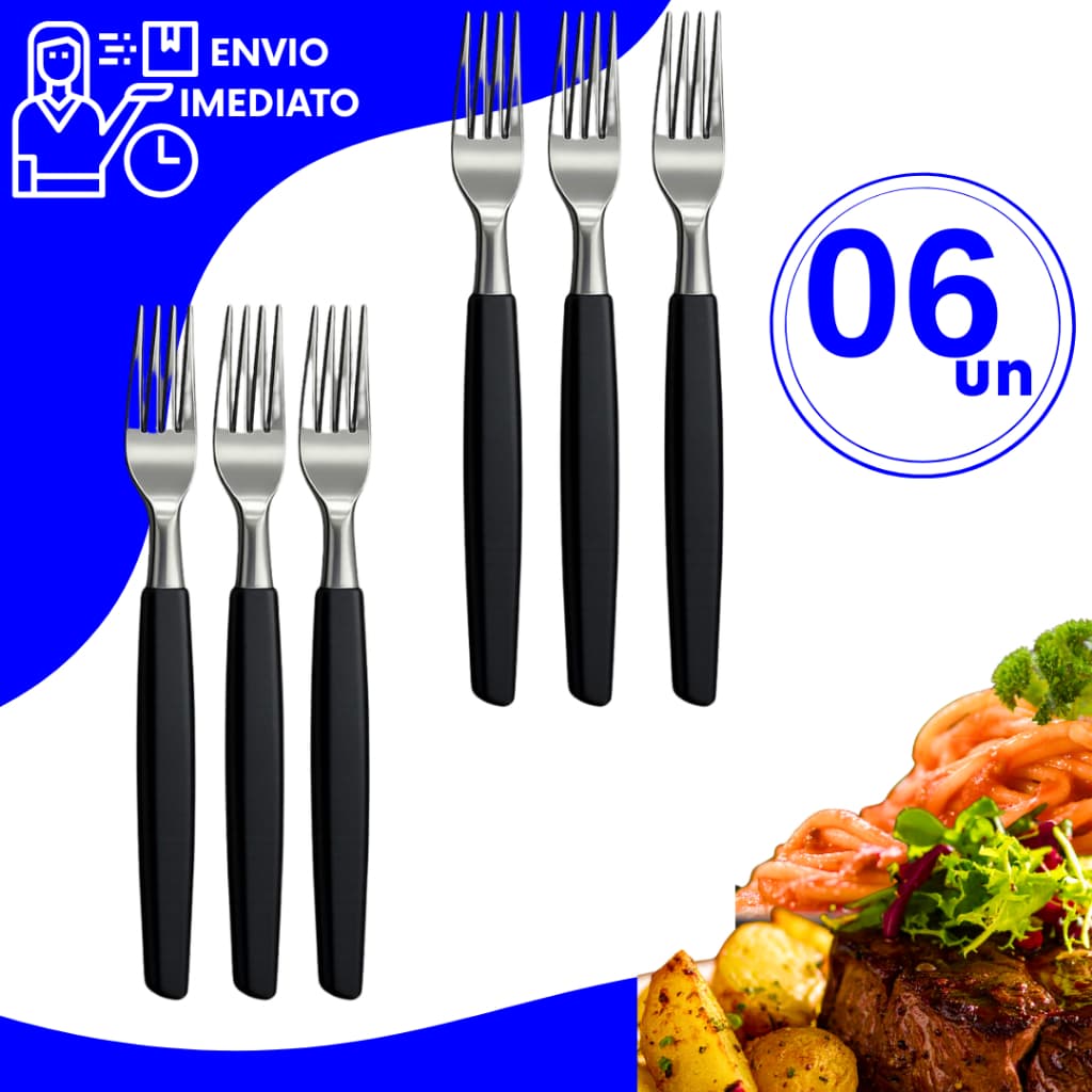 Kit 6 Garfo De Mesa Aço Inox Cabo Preto Utensílios de Cozinha Uso Residencial Restaurante Hotel