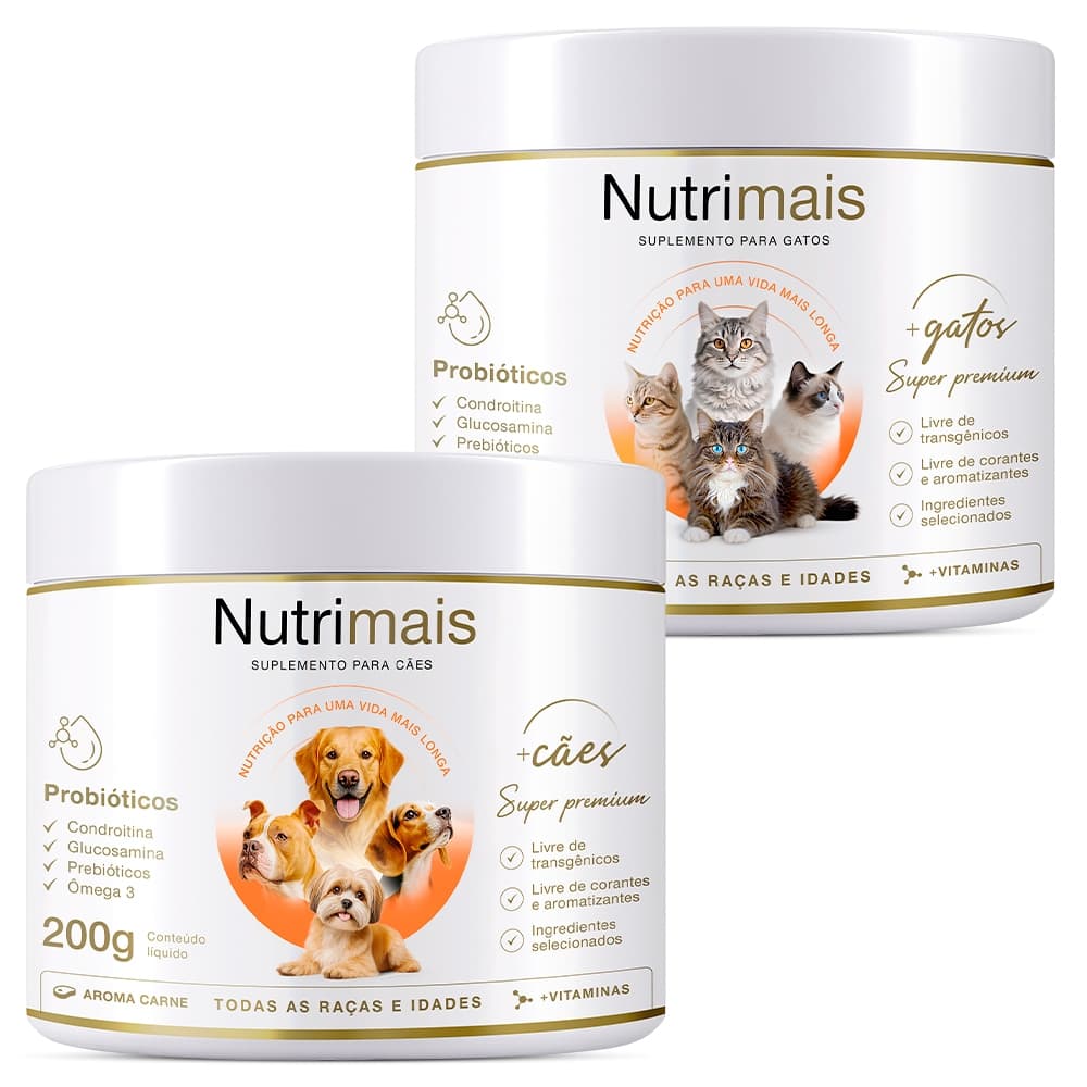 Kit 2 Suplemento Nutrimais Cães + Suplemento Nutrimais Gatos Para Queda de Pelos, Imunidade, Articulações, Energia