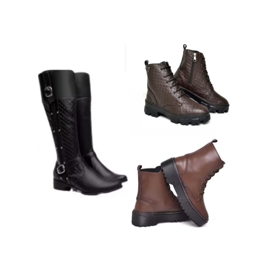 Bota feminina cano médio preta com fivelas+ bota coturno feminina marrom+ Bota coturno feminina marrom tratorado