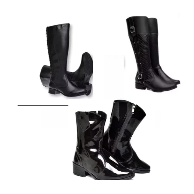 Bota cano alto feminina preta+ bota cano alto feminina preta com fivelas+ bota texana feminina preta