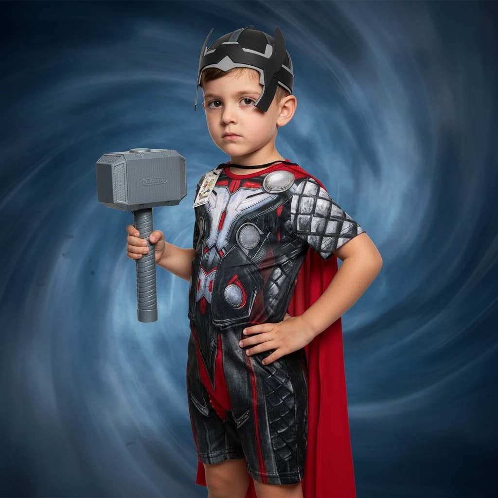 Fantasia Thor Infantil Completa com Capa, Martelo e Máscara EVA ENVIO JÁ