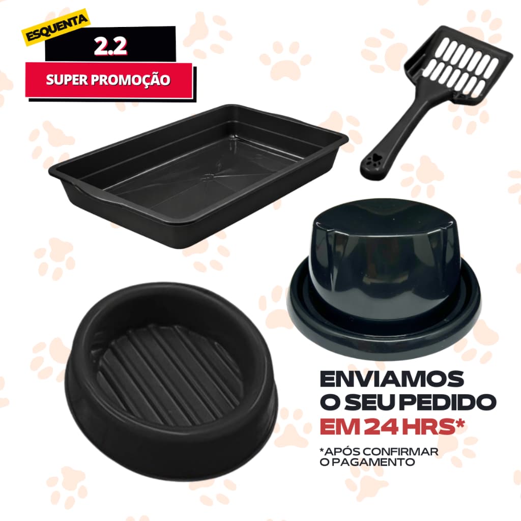 Kit Caixa de Areia Bandeja Gato + Comedouro Orelha de Gato 150ml + Bebedouro + Pá