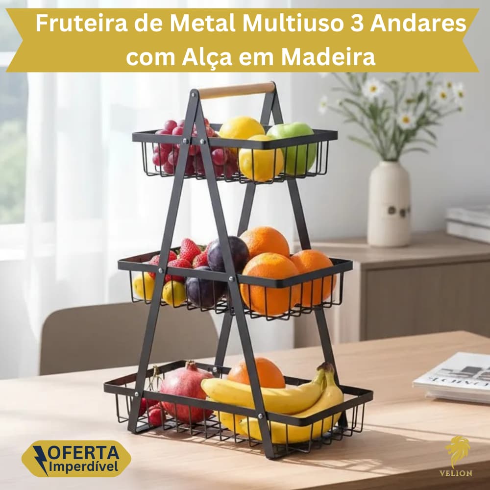 Organizador Fruteira de Metal Multiuso com Alça em Madeira Multiuso Elegante 2 ou 3 Andares