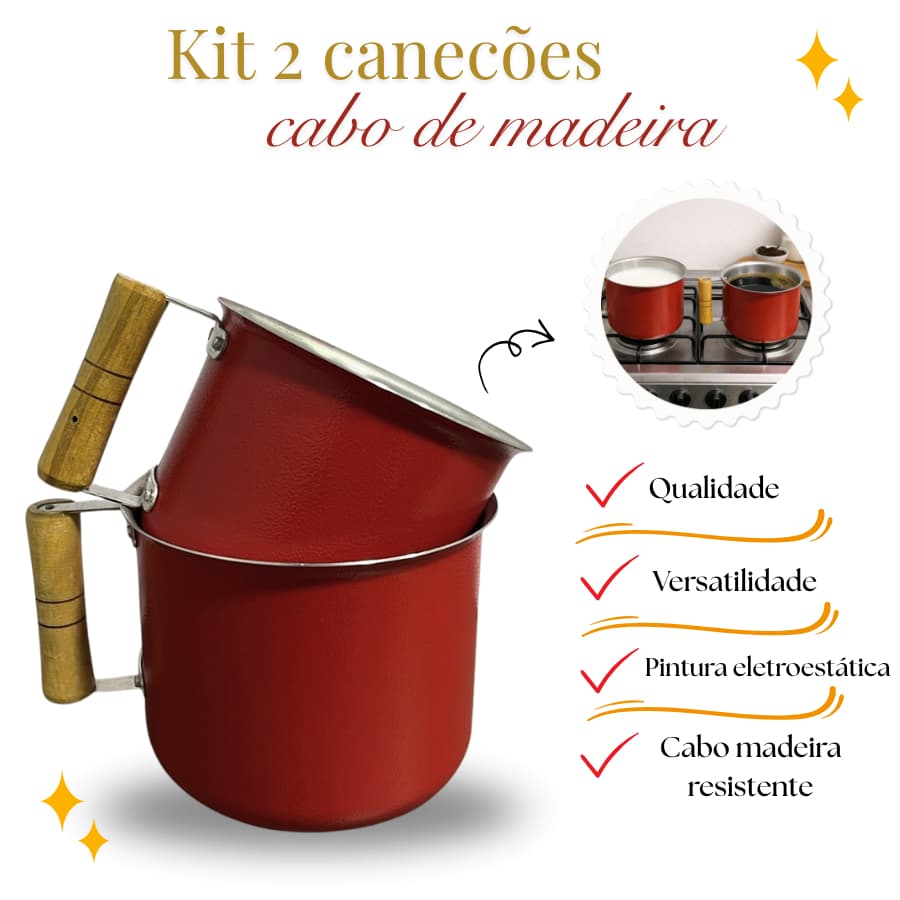 Conjunto com 2 Canecos Leiteiros de Alumínio Vermelho e Rosa com Cabo de Madeira | Bebidas Quentes