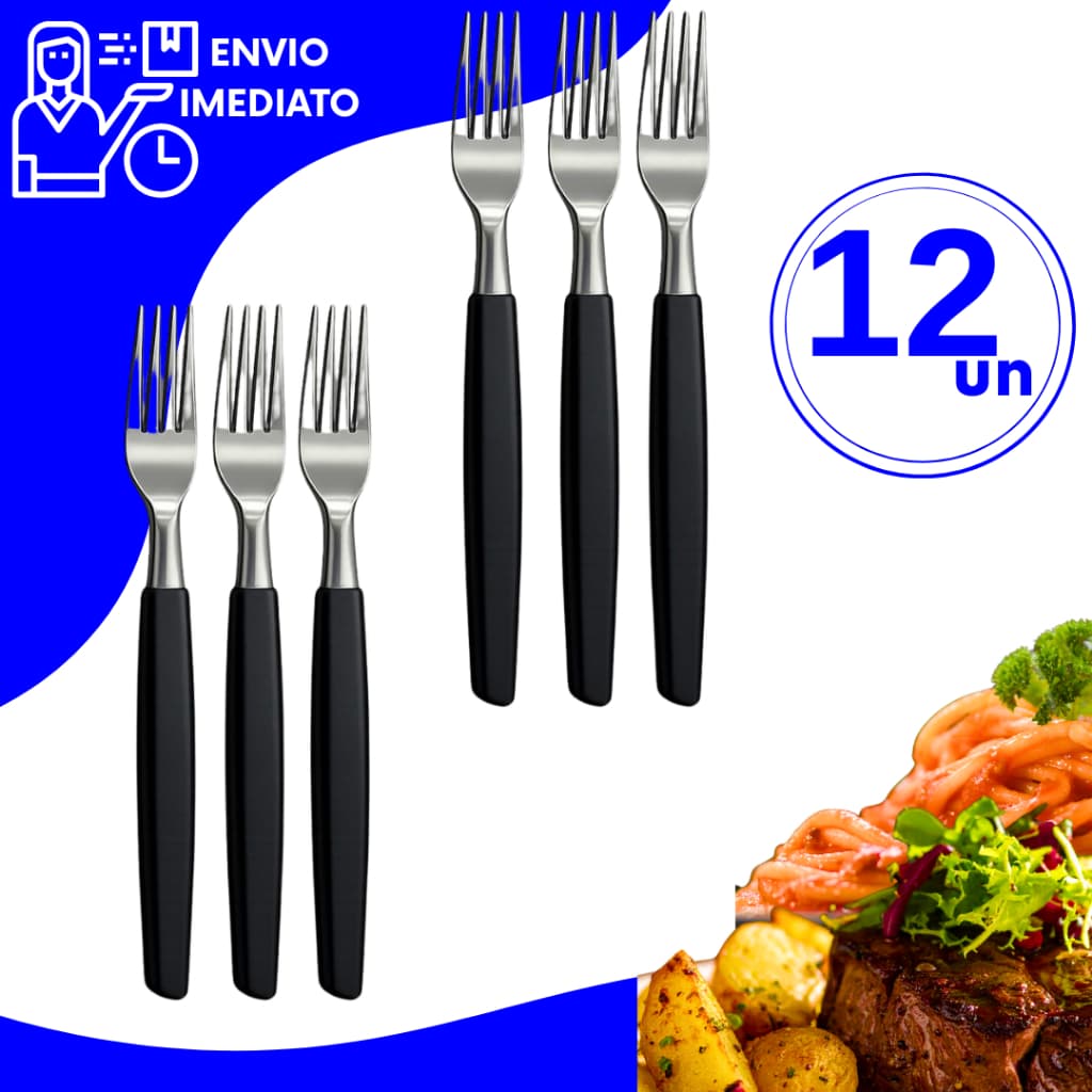 Garfo Aço Inox Premium Cabo Preto de Mesa Utensílios de Cozinha Talher para Buffet Padaria