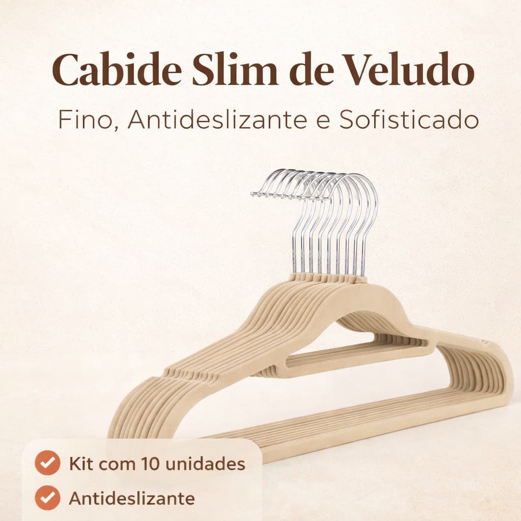 Kit 10 Cabide de Veludo Bege Slim – Textura Aveludada, Antideslizante, Gancho Metálico, Design Fino e Elegante