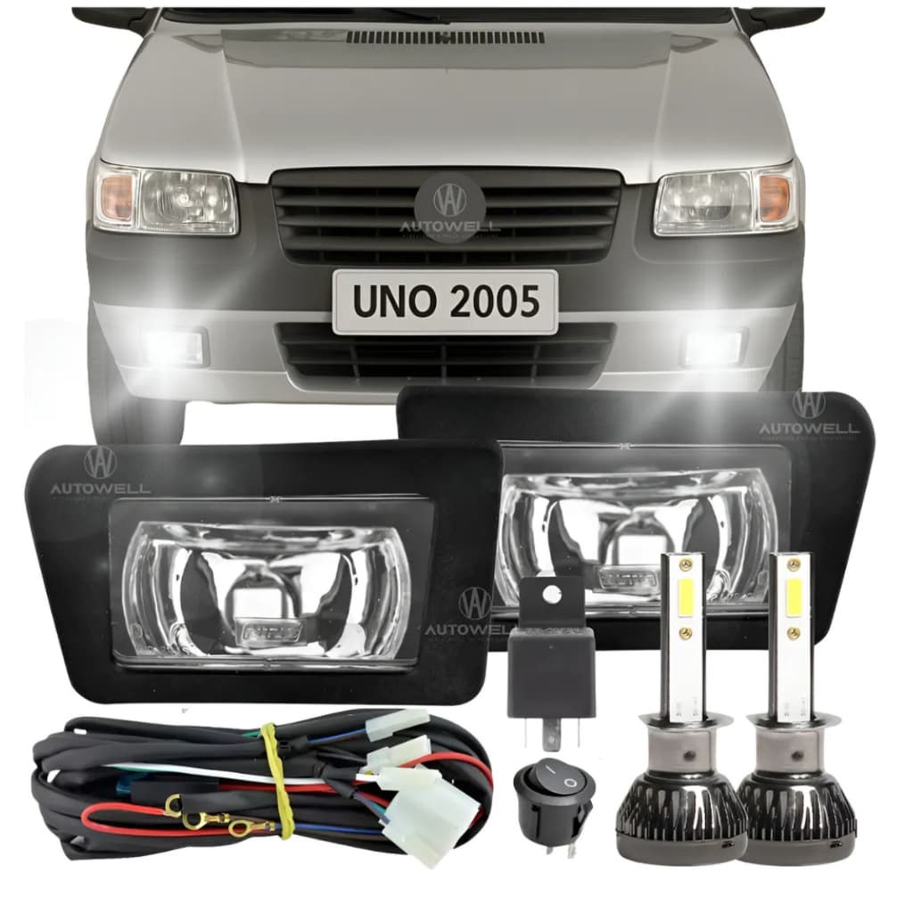 Kit Farol Milha Chicote + Lâmpadas Led Uno Fiorino 1984 Até 2004 2005 2006 2007 2008 2009 2010 2011