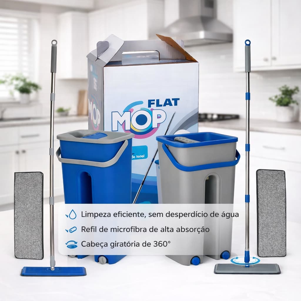 Mop Flat Lava e Seca com Balde + 2 Refis Inclusos | Rodo Mágico Prático e Durável para Limpeza Rápida