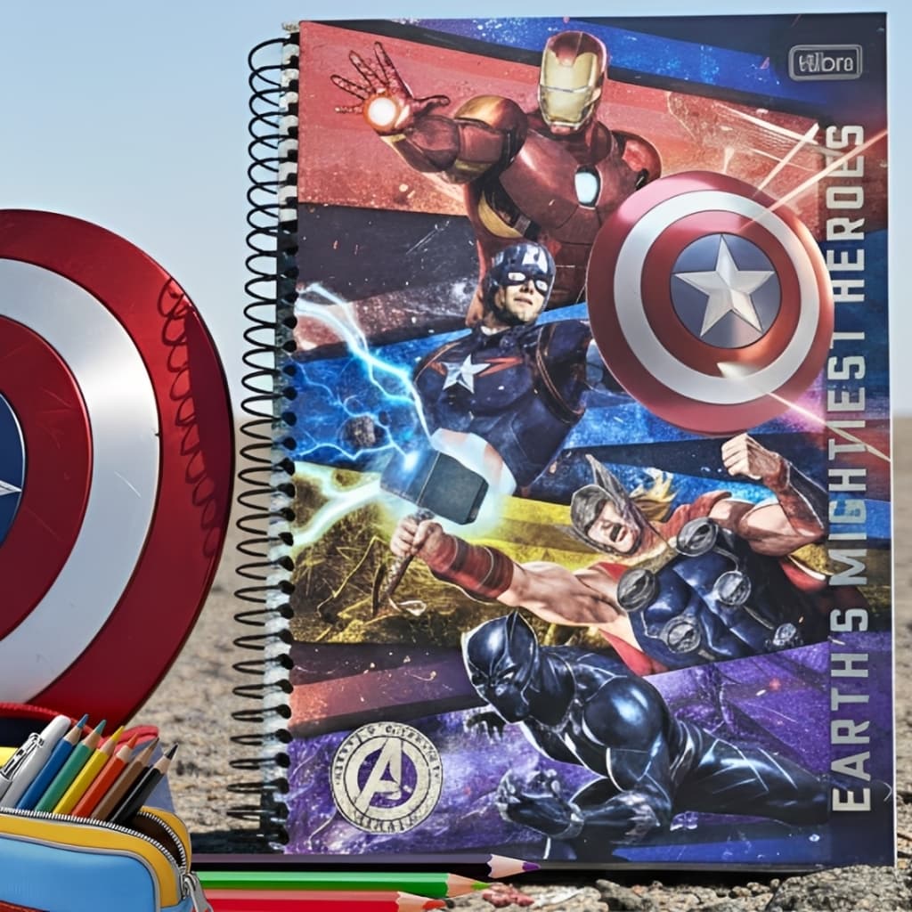 Caderno Escolar Capa Dura Adesivo Vingadores10 Matéria 160 Folhas