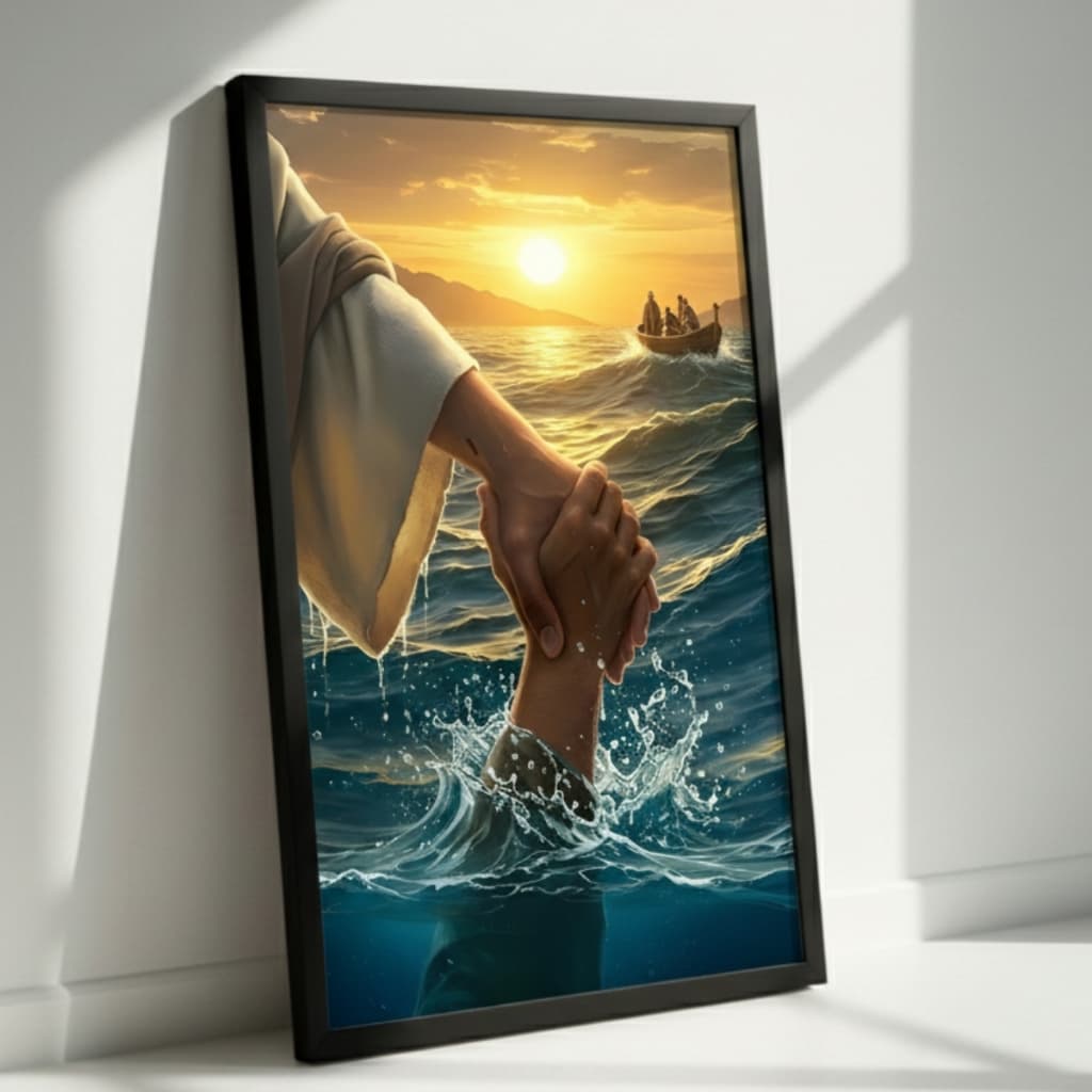 Quadro Parede Decorativo Mão de Jesus Cristo Deus salvando Pedro Apóstolo Moldura 1 Peça