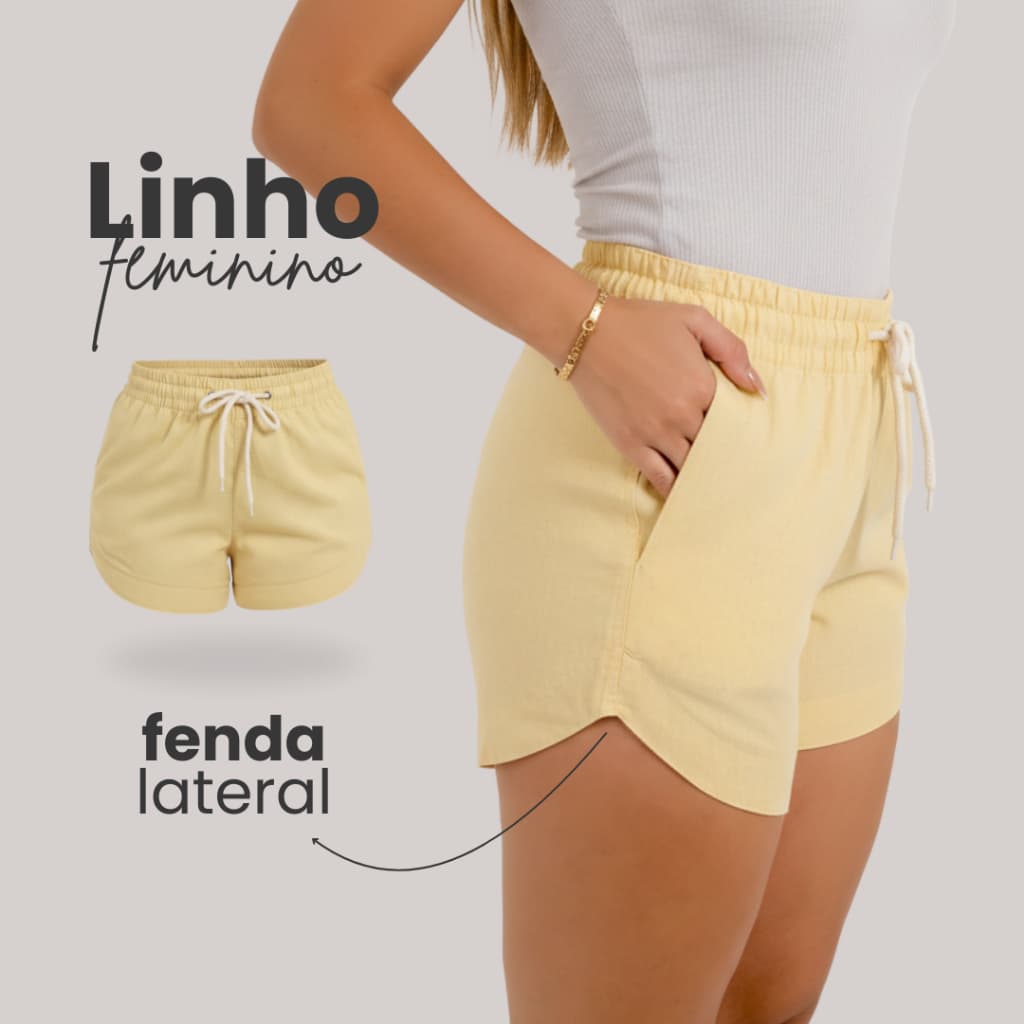 Shortinho Linho Feminino Cintura Alta Fenda Lateral Amarelo Pastel Com Bolsos Laterais
