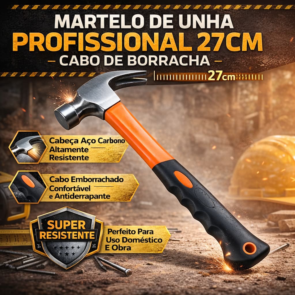Martelo De Unha Com Cabo De Borracha 27cm Profissional Para Reparos Domésticos E Obra