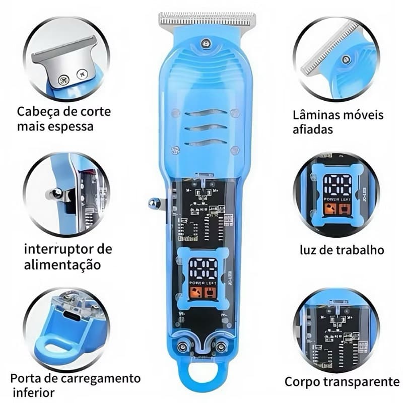 Máquina de Cortar Cabelo Profissional Sem Fio Smart LCD – Barbeador Elétrico Transparente Masculino