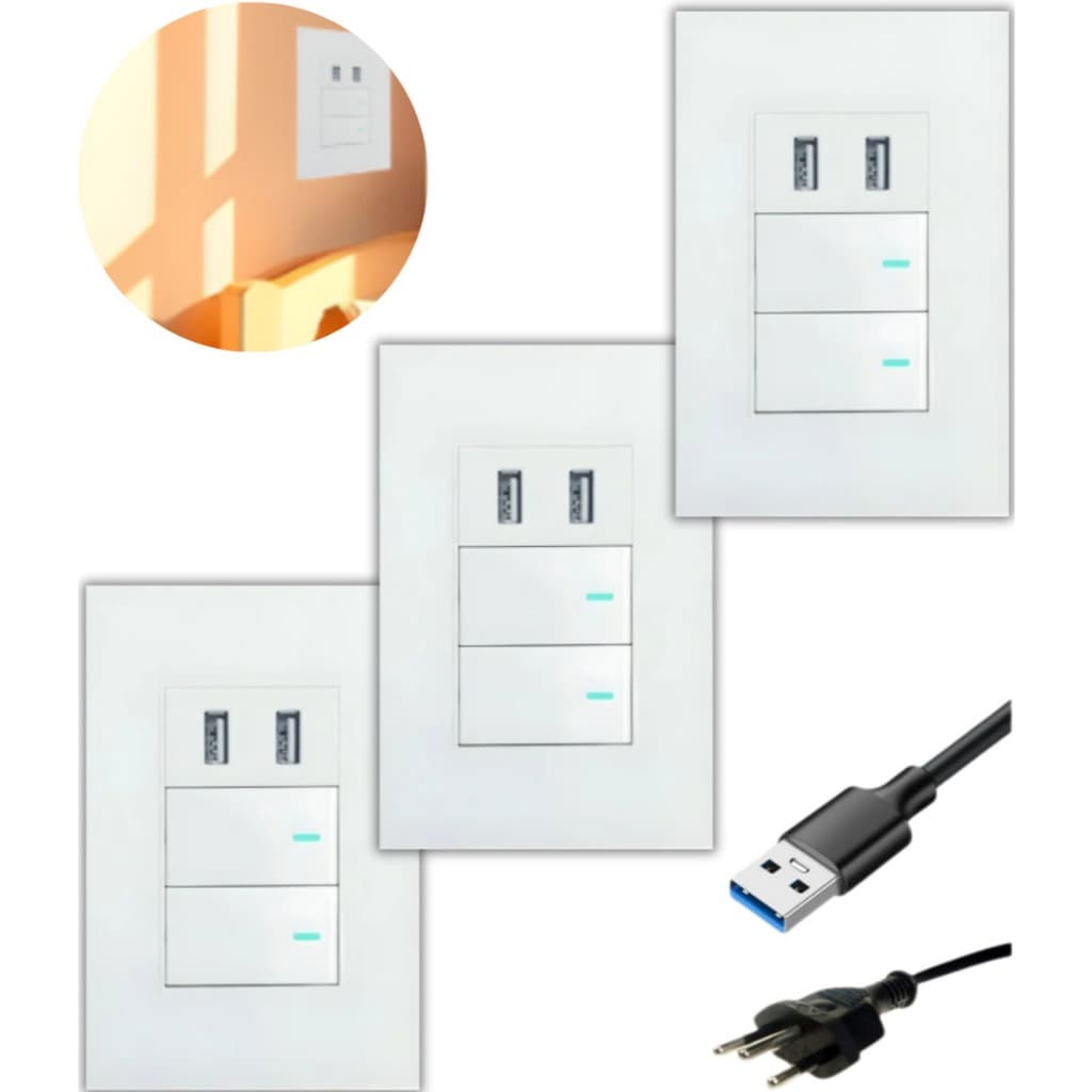 Kit 3 Interruptor De Parede Duplo Com 2 Entradas Usb Turbo Branco