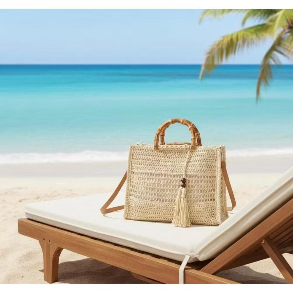 Bolsa Feminina de Praia Palha com Alça Redonda de Bambu e Zíper Verão Premium