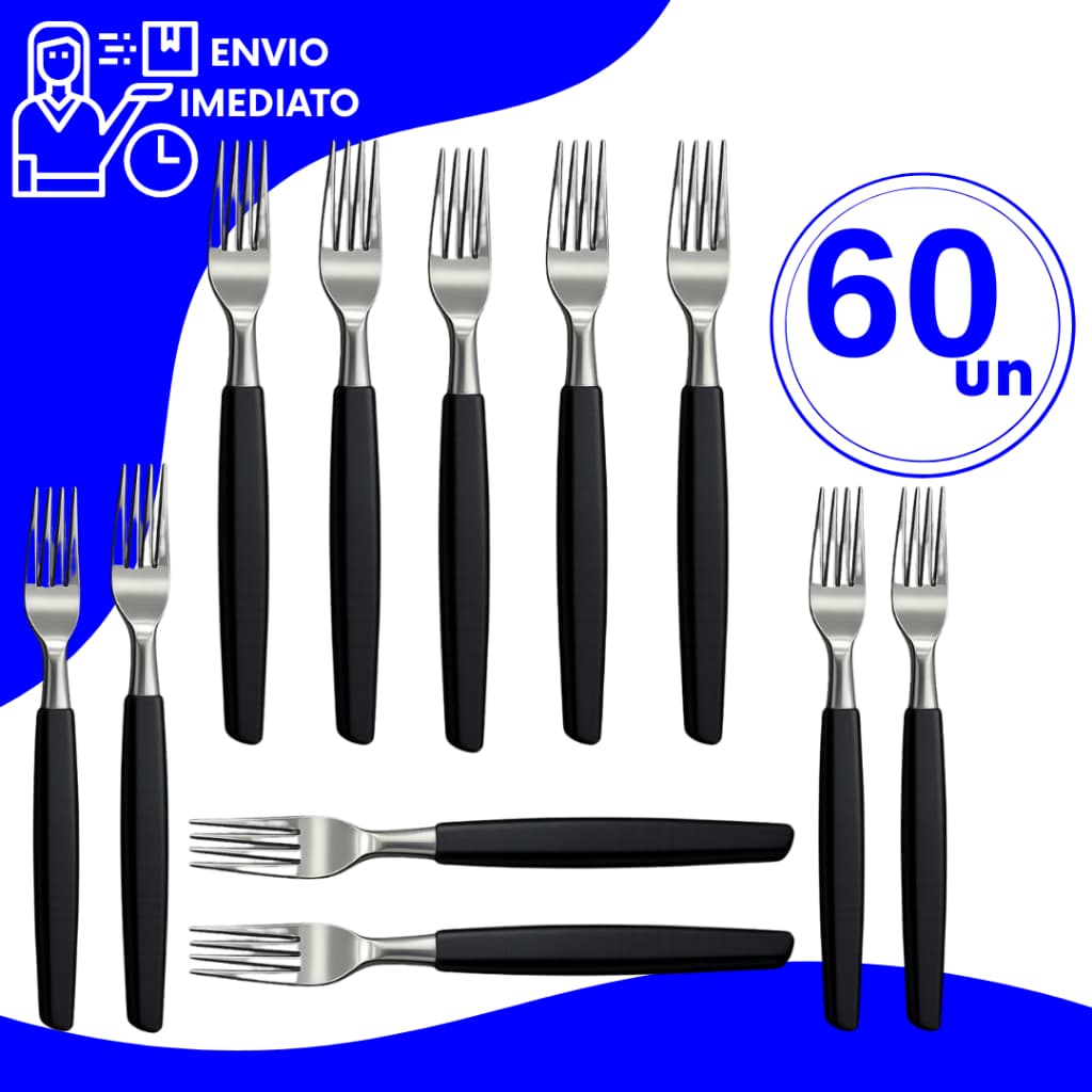 Conjunto 60 Peças Garfo de Mesa Inox Premium Cabo Preto de Mesa Utensílios de Cozinha Talher