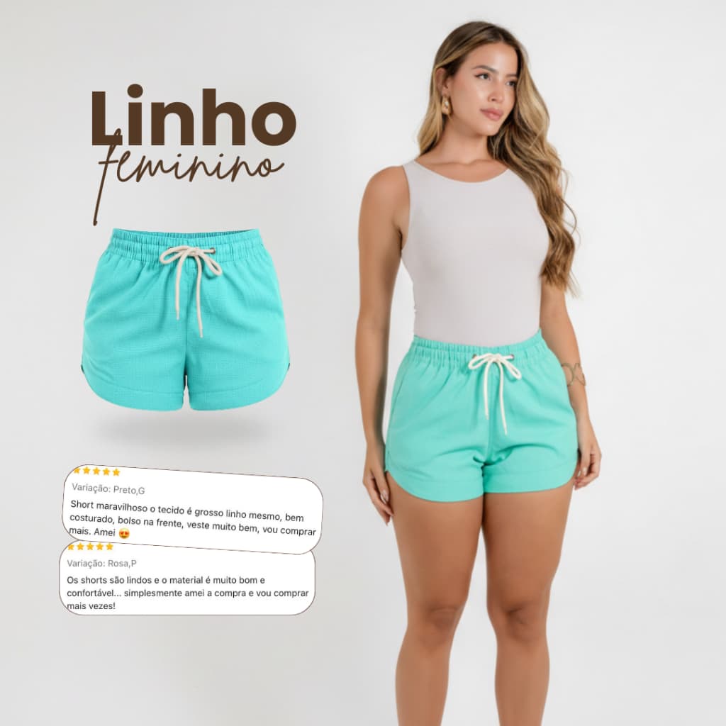 Short Feminino Cintura Alta Fenda Lateral Azul Claro Com Bolsos Laterais