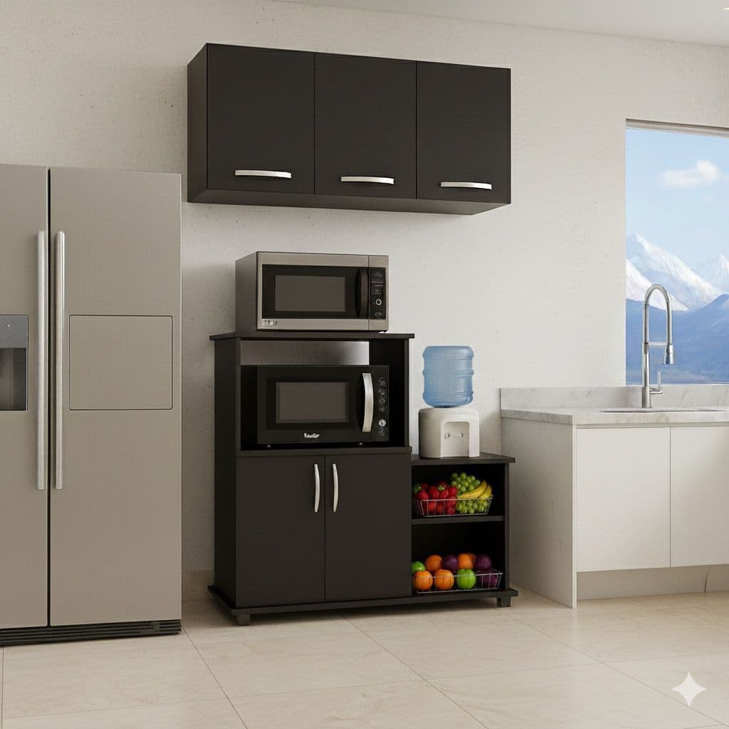 Kit Armário Suporte P/ Garrafão Fruteira Microondas + Armário de Parede Multiuso 3 Portas