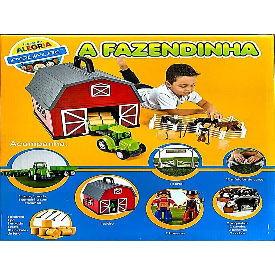 A FAZENDINHA KIT COMPLETO 40 Peças Celeiro Com Alça Tipo Maleta Brinquedo Original Poliplac Diversão Garantida