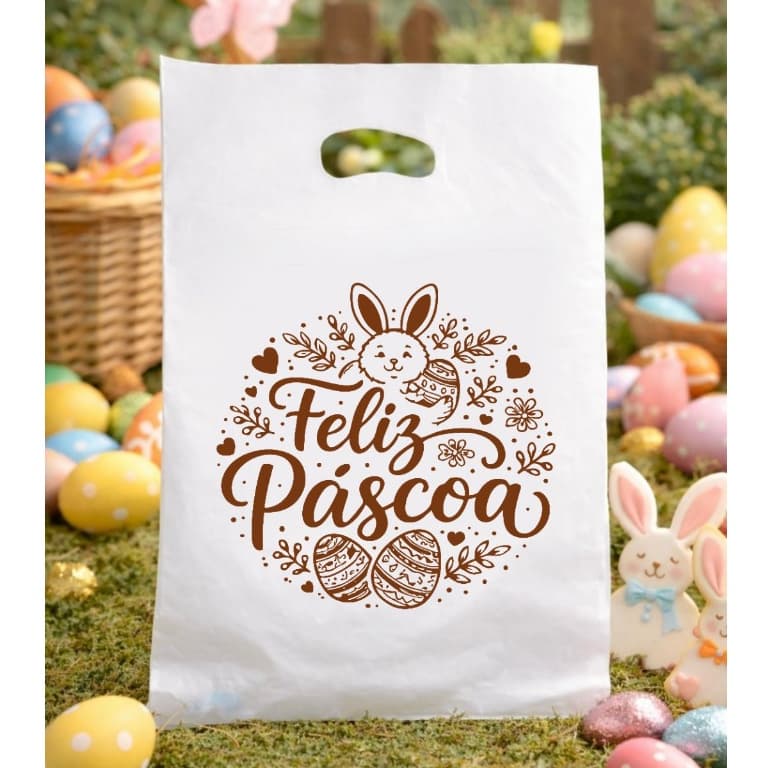 Kit Sacolas Plástica 30x40 alça vazada (25 - 50UN) - Frase Feliz Páscoa - Confeitaria