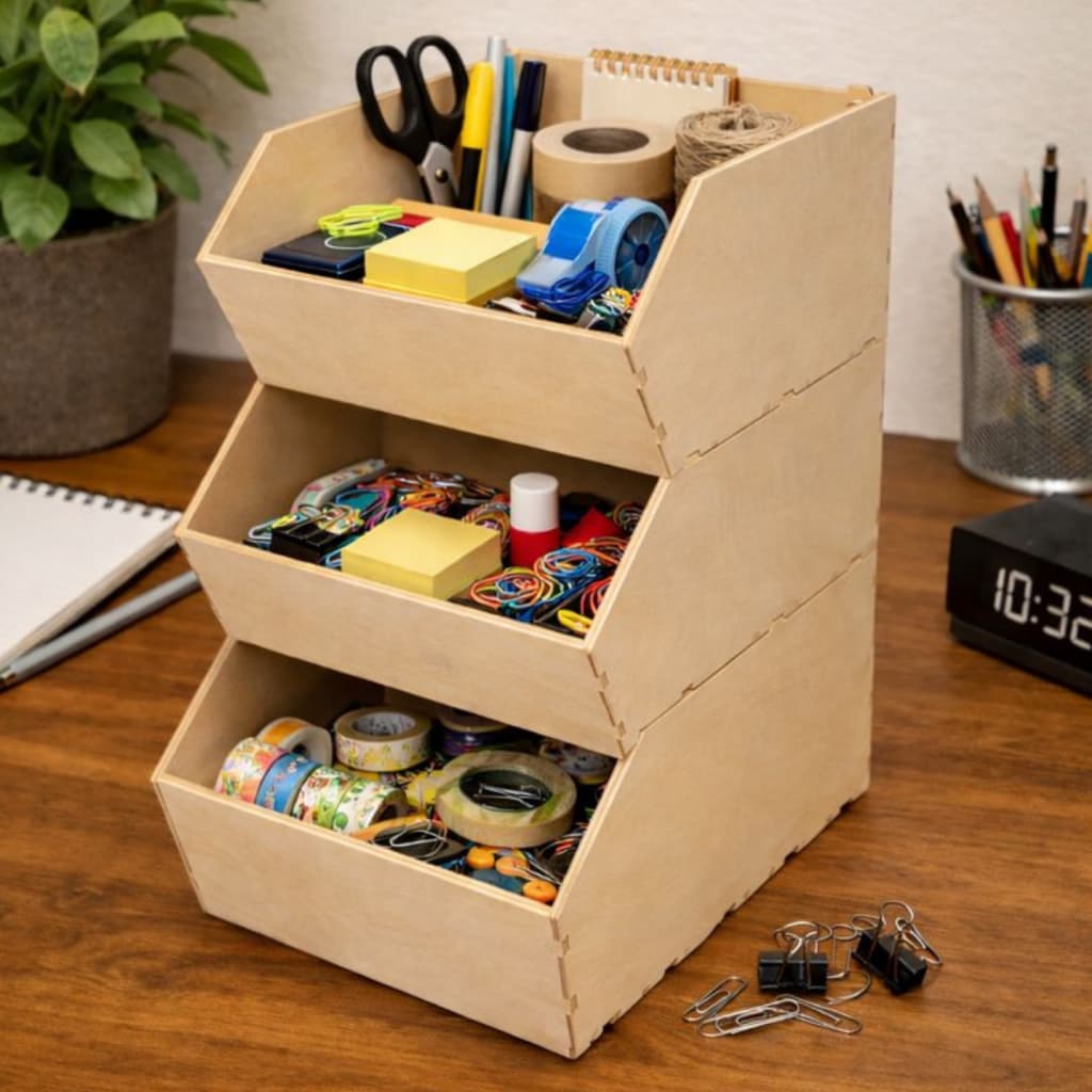 Porta Objetos Trecos 3 Níveis Caixa Organizadora Mdf Mesa Sala Escritório Decoração Escrivaninha