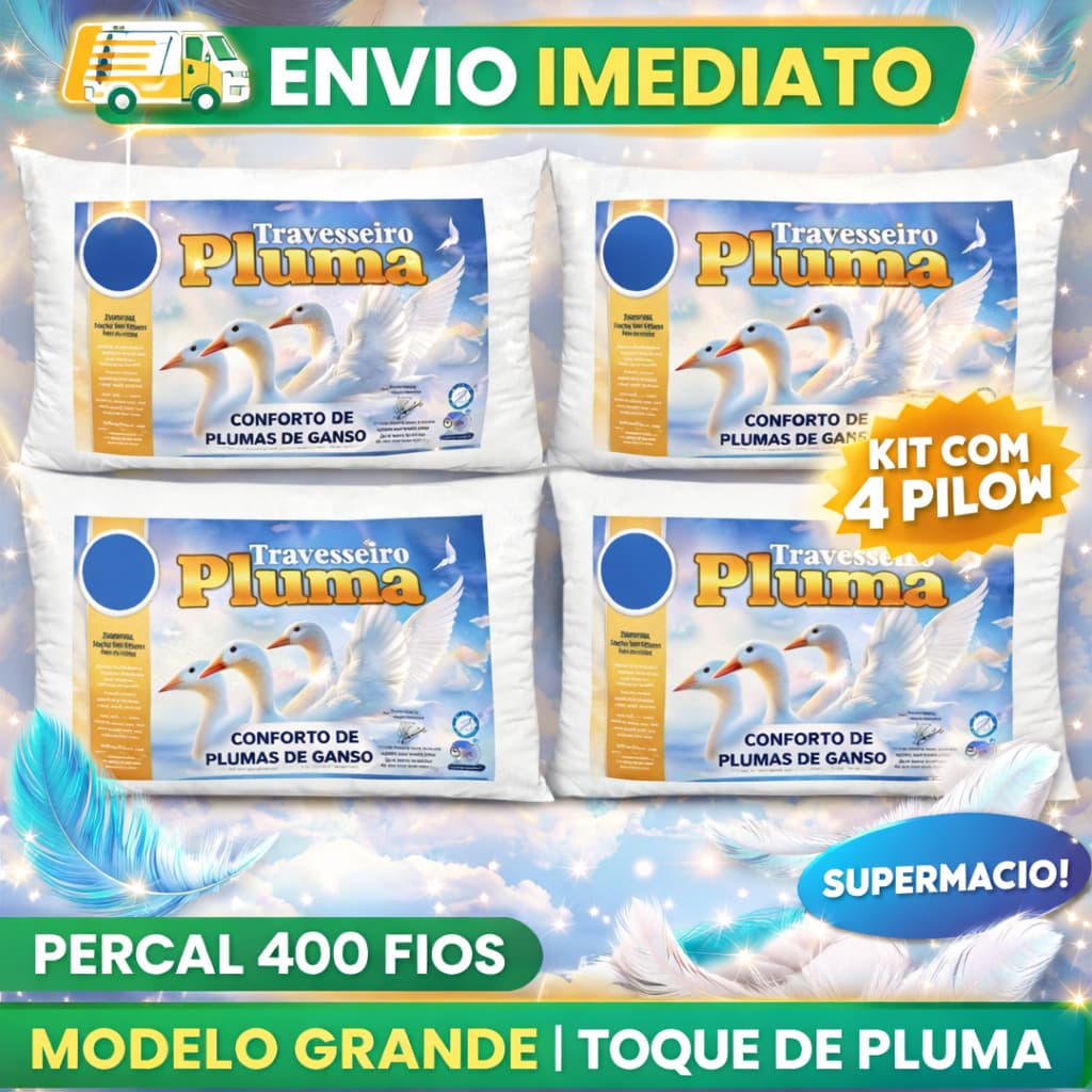 Kit 4 Travesseiro Toque de Pluma de Ganso Luxo Descanso Antiácaro 70x50cm Toque Macio